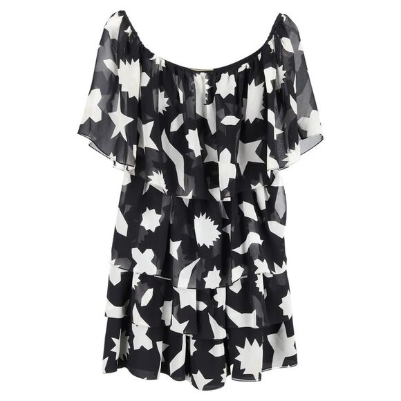 Saint Laurent Graphic Print Tiered Mini Dress in Black Silk